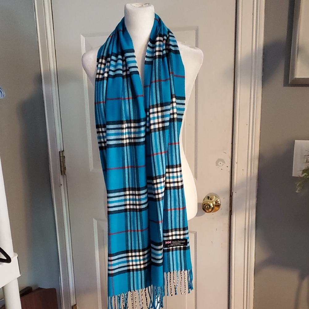 100% Cashmere Blue Plaid Women's Scarf